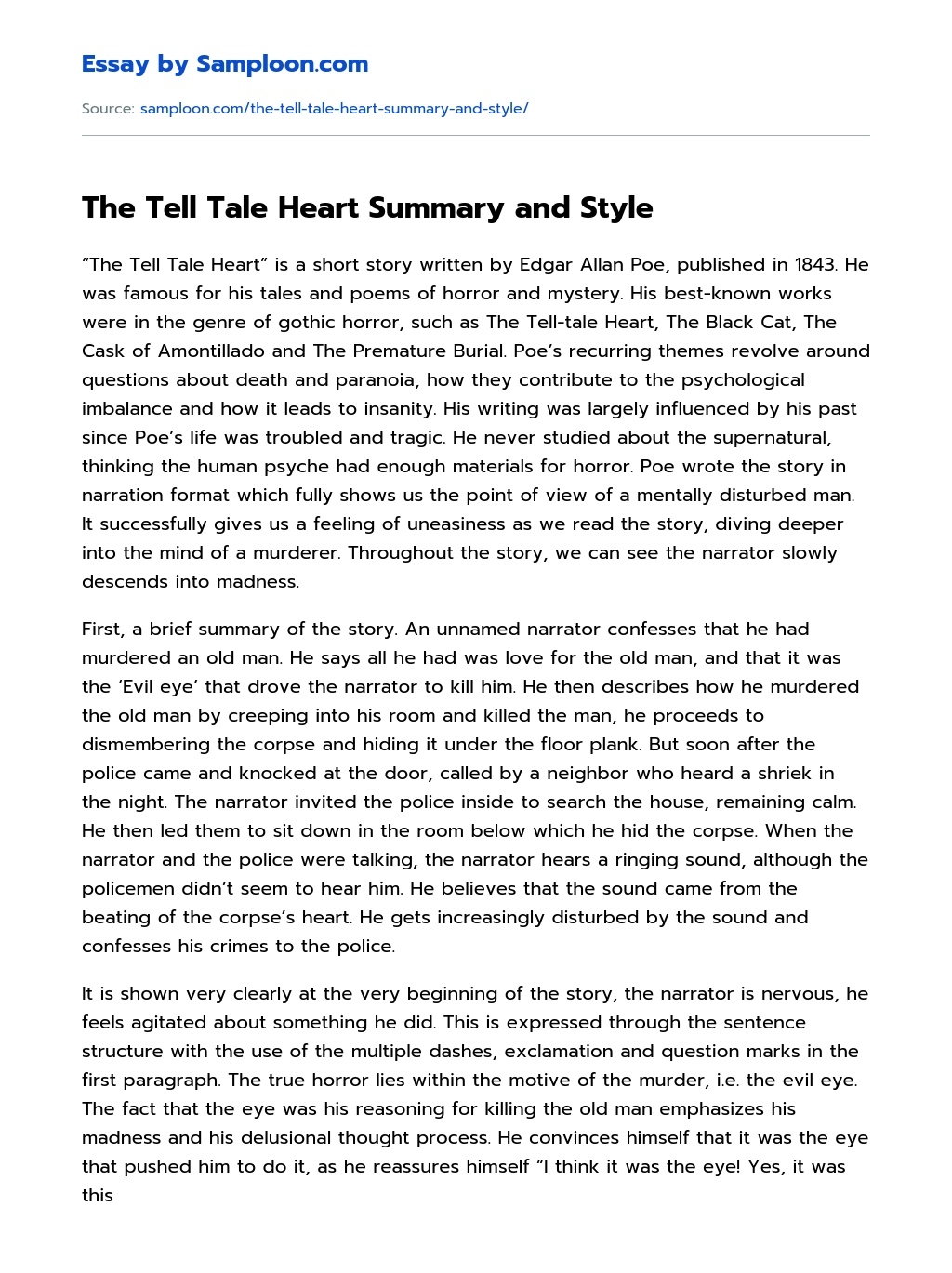 The Tell Tale Heart Summary and Style essay