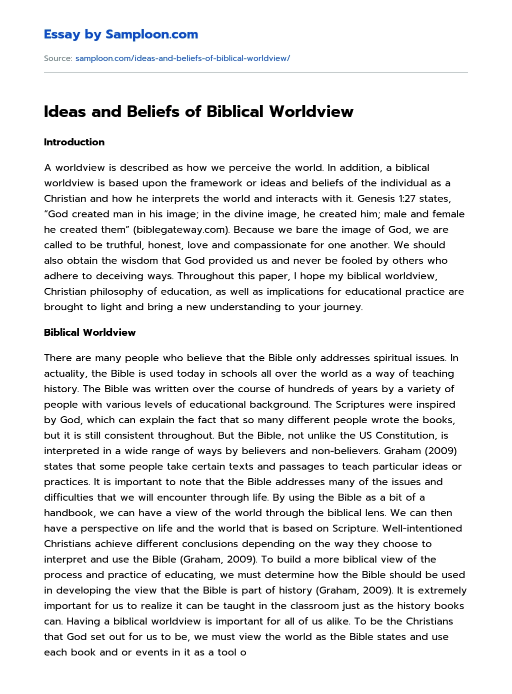 Ideas and Beliefs of Biblical Worldview essay