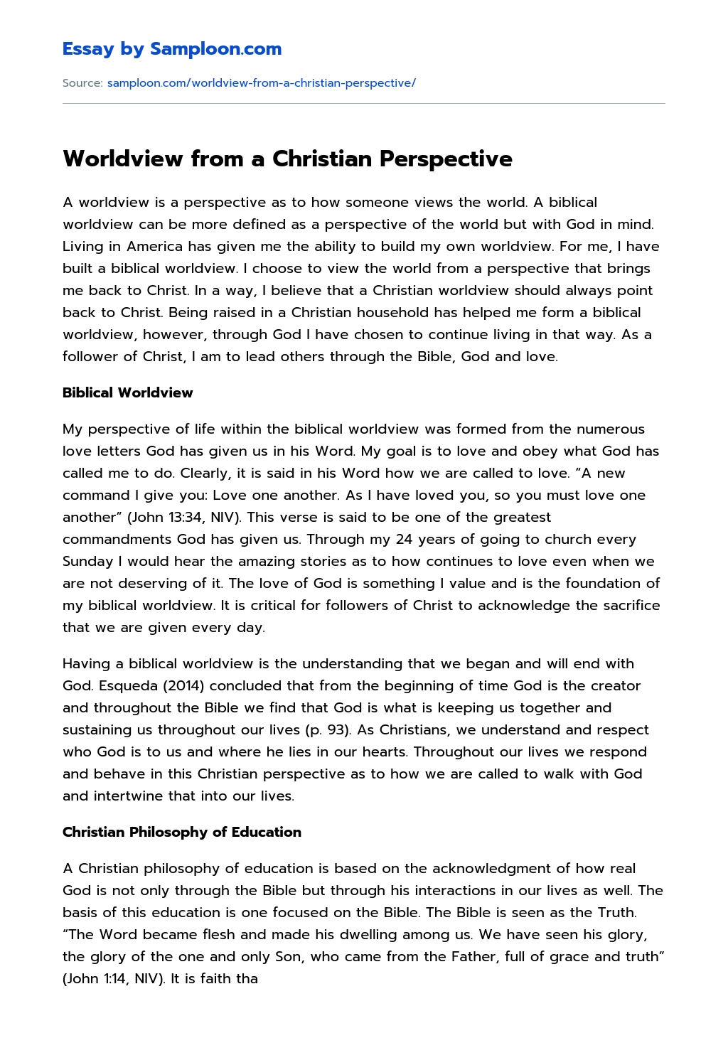 Worldview from a Christian Perspective essay
