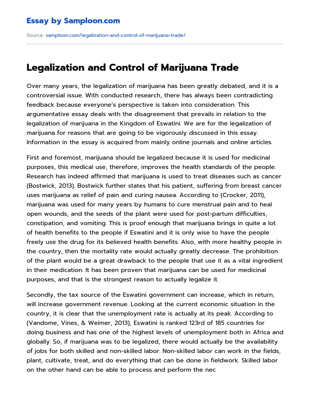 Legalization and Control of Marijuana Trade essay