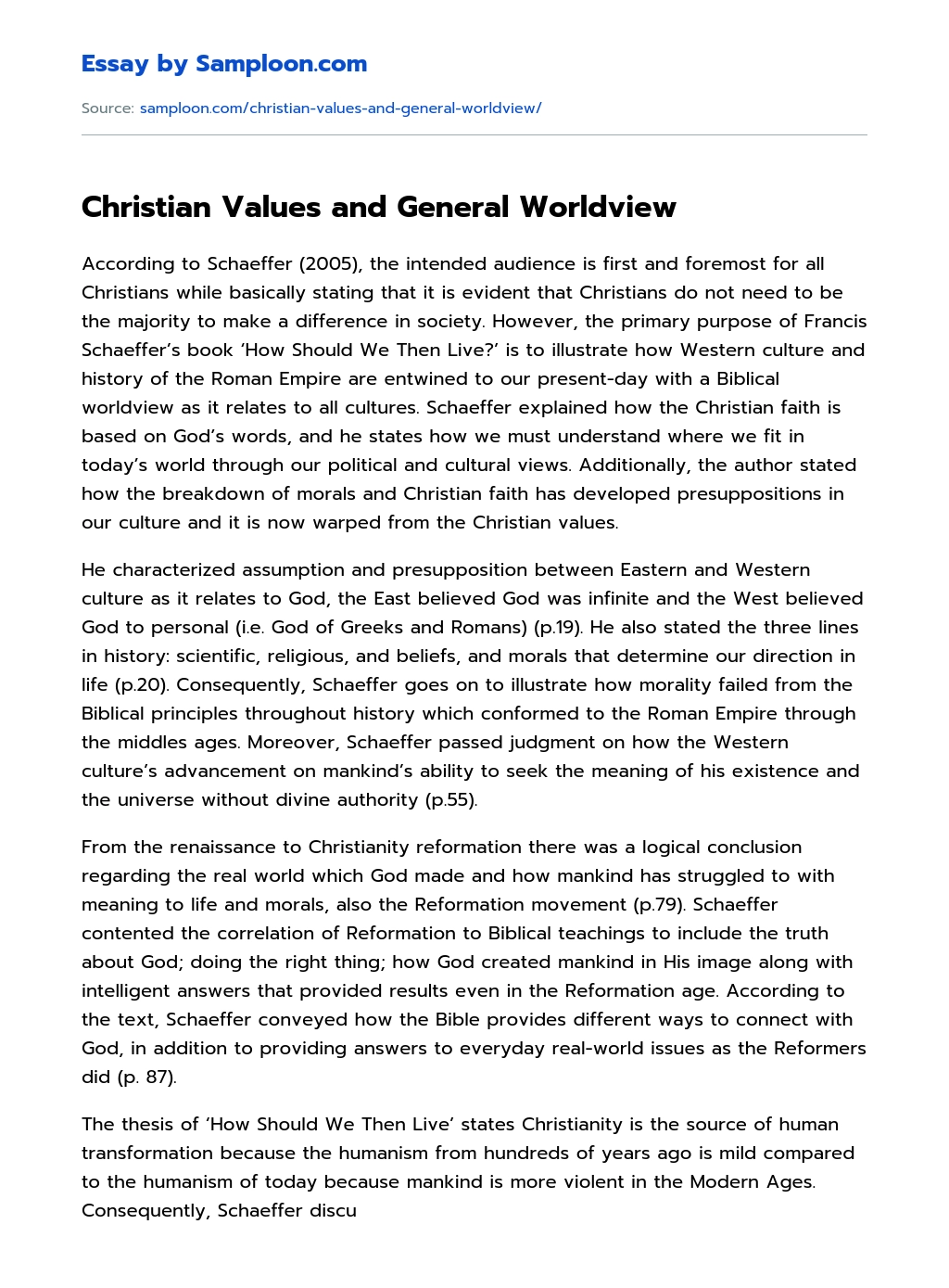 Christian Values and General Worldview essay