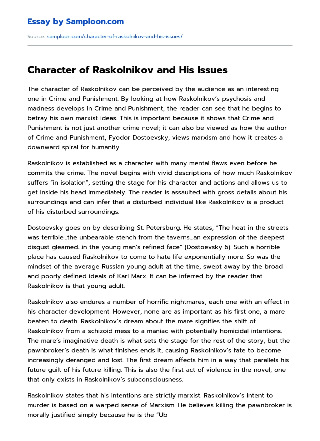 Character of Raskolnikov and His Issues Personal Essay essay