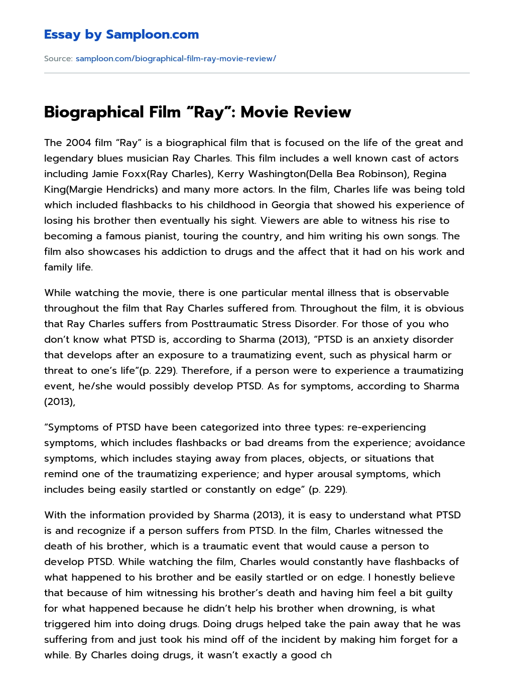 Biographical Film “Ray”: Movie Review Movie Analysis essay
