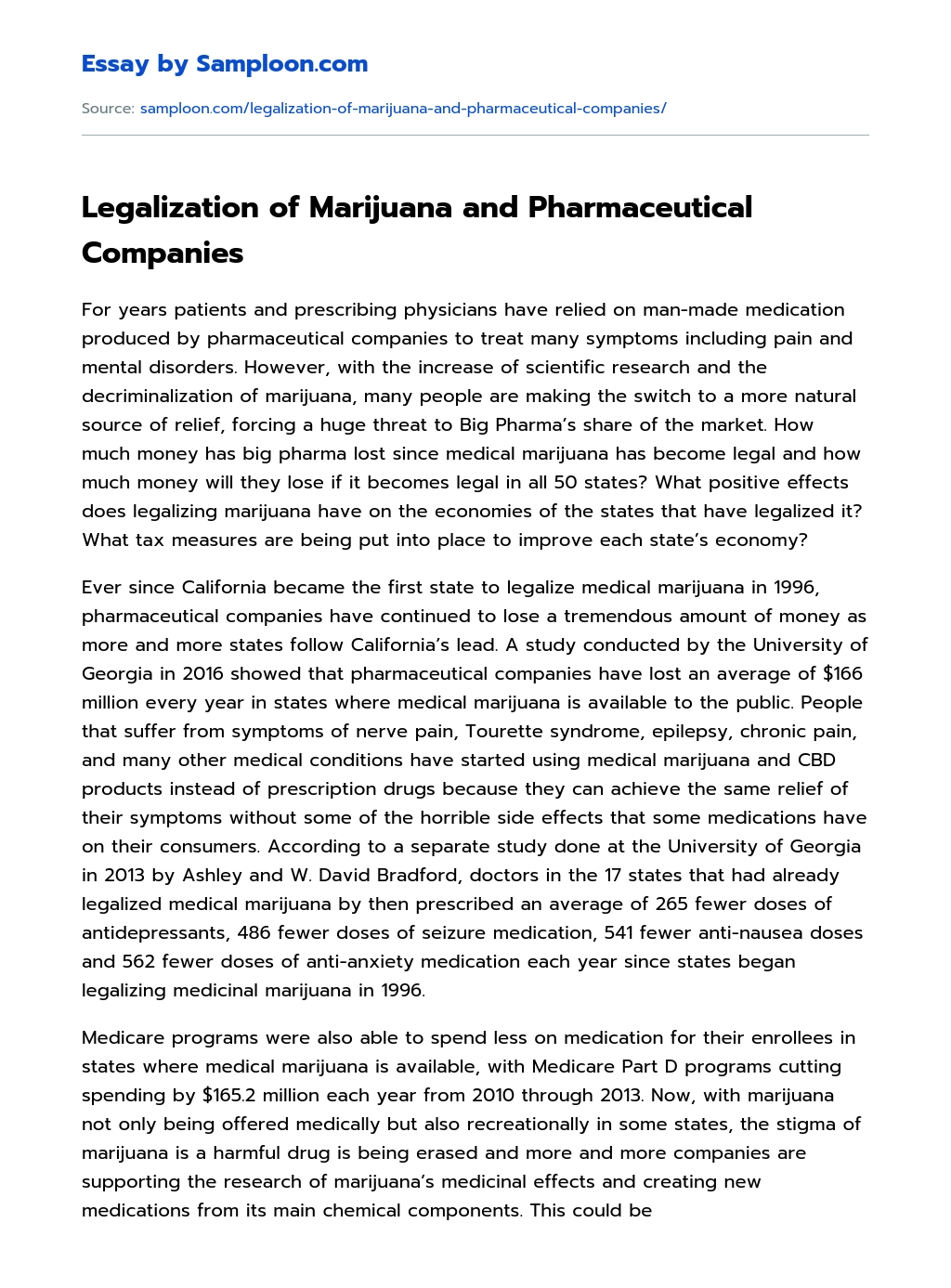 Legalization of Marijuana and Pharmaceutical Companies essay