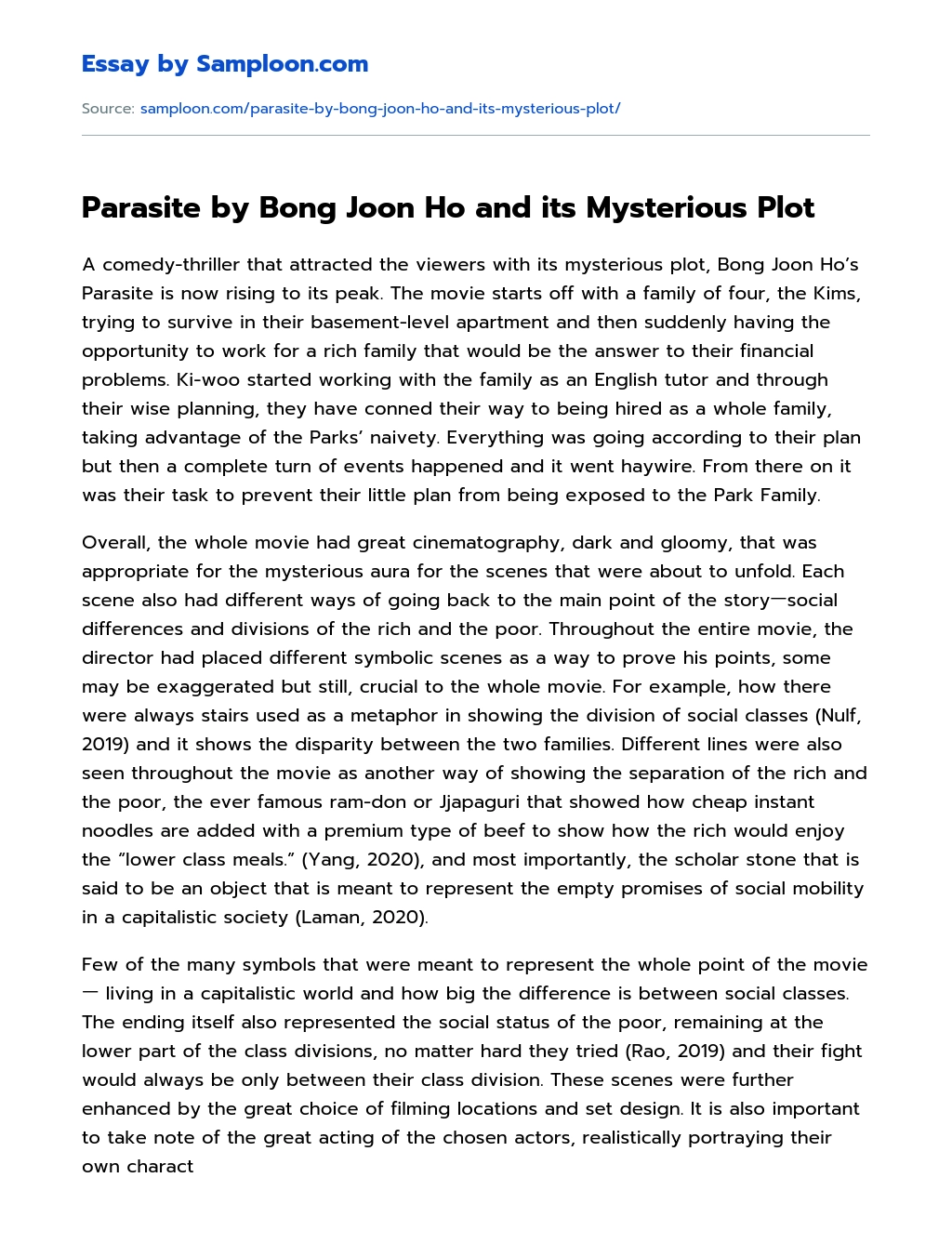 Parasite by Bong Joon Ho and its Mysterious Plot Film Analysis essay