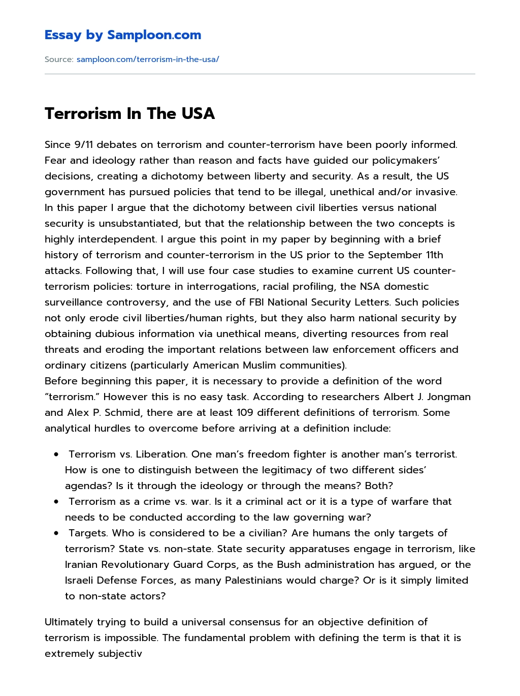 Terrorism In The USA essay