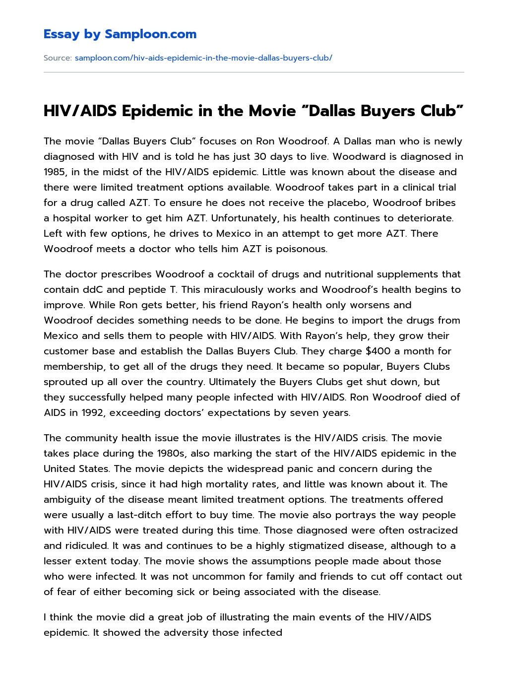 HIV/AIDS Epidemic in the Movie “Dallas Buyers Club” Analytical Essay essay