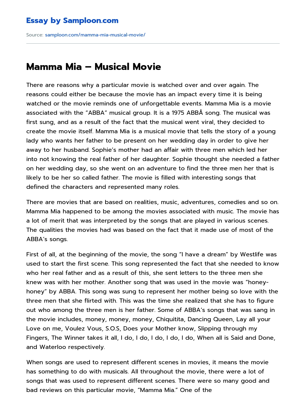 Mamma Mia – Musical Movie Film Analysis essay