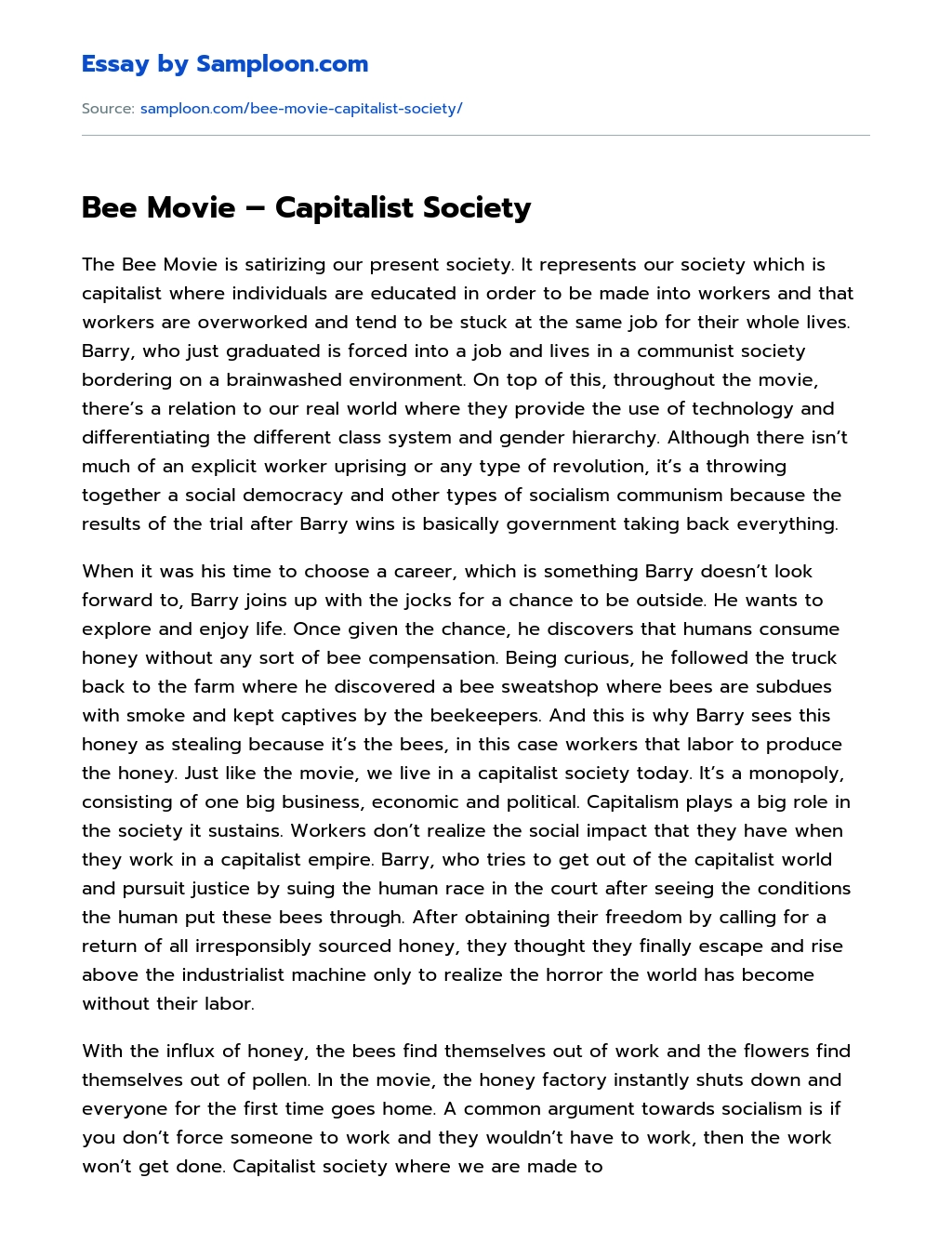 Bee Movie – Capitalist Society essay