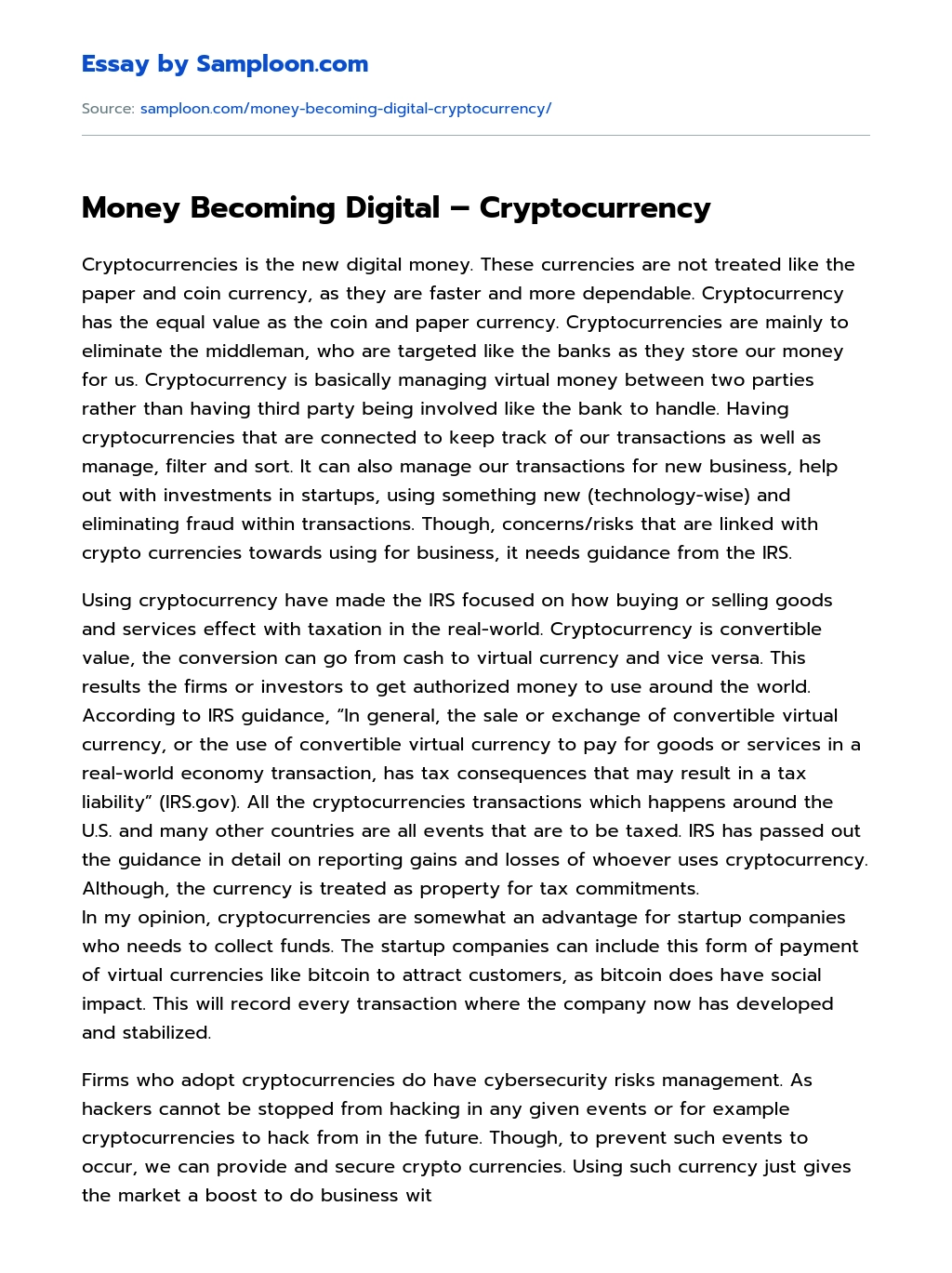 Money Becoming Digital – Cryptocurrency essay