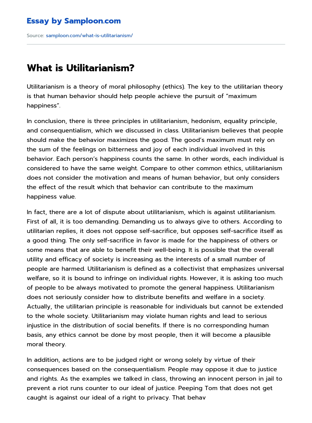 What is Utilitarianism? essay