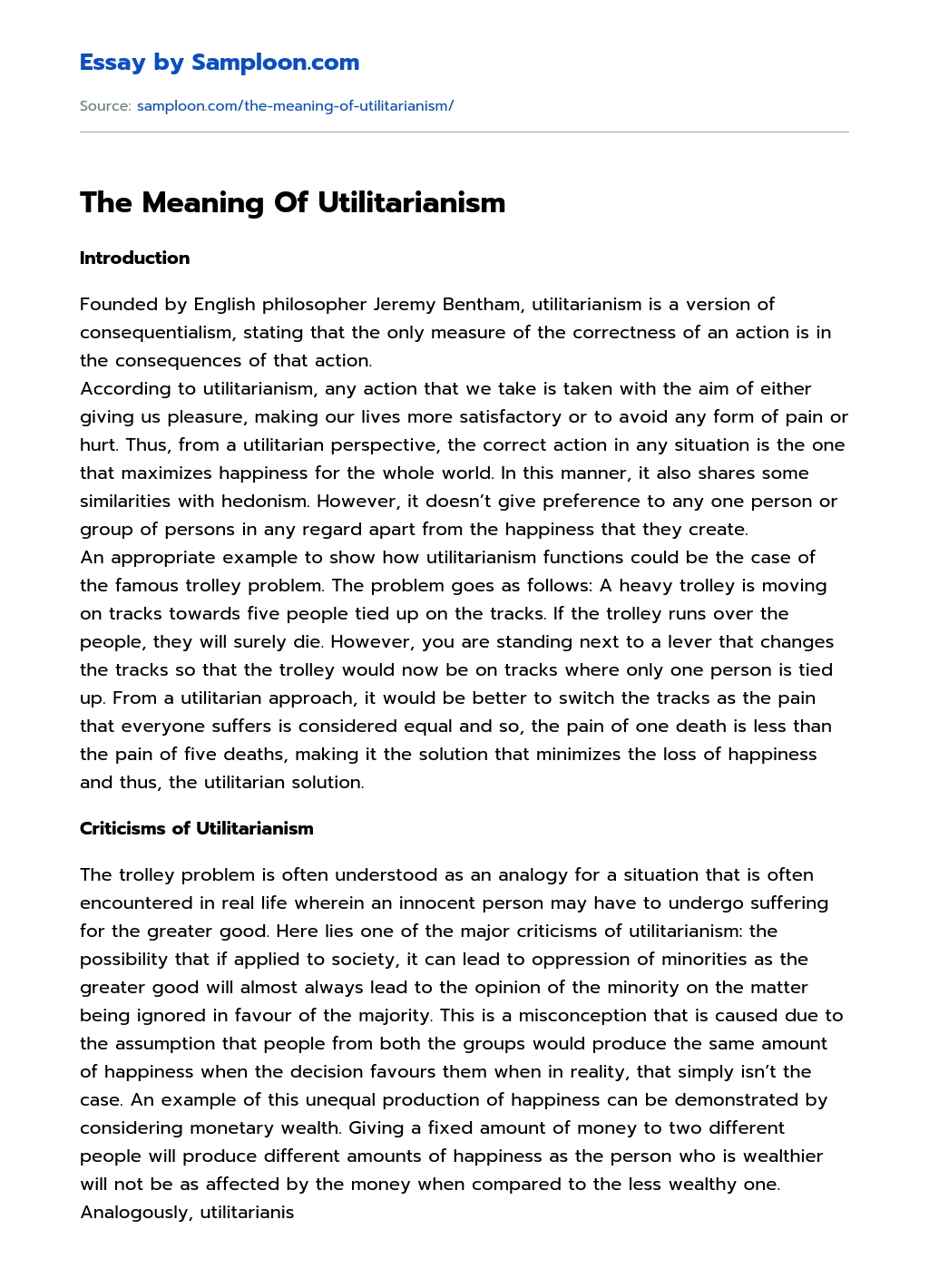 The Meaning Of Utilitarianism Argumentative Essay essay
