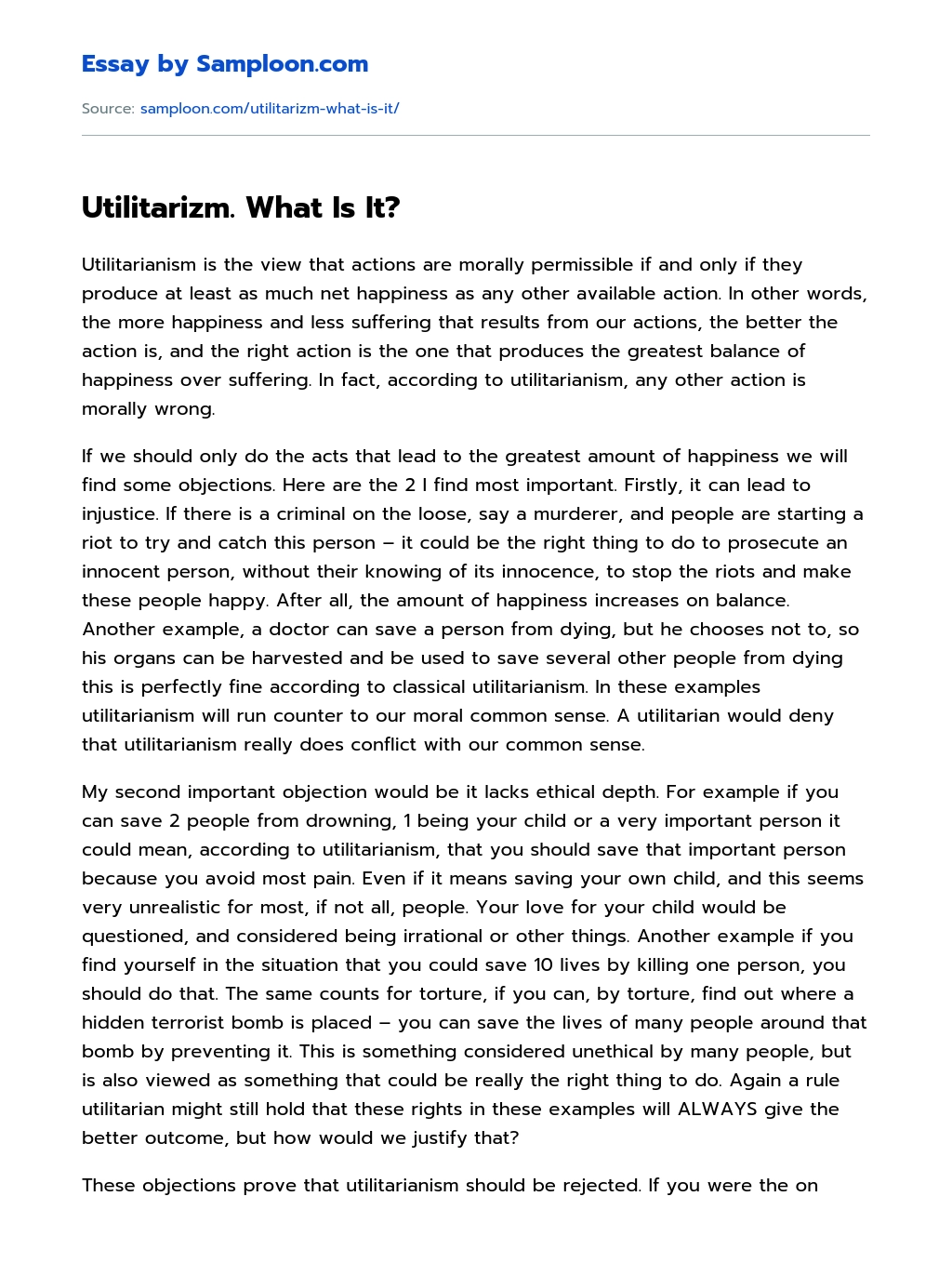 Utilitarizm. What Is It? essay
