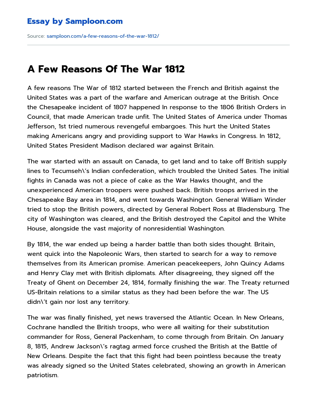 A Few Reasons Of The War 1812 essay