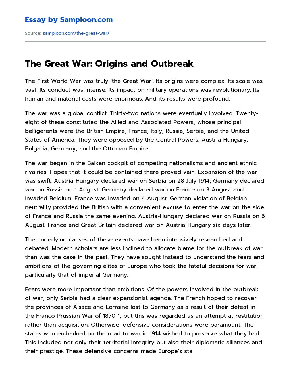 The Great War: Origins and Outbreak essay