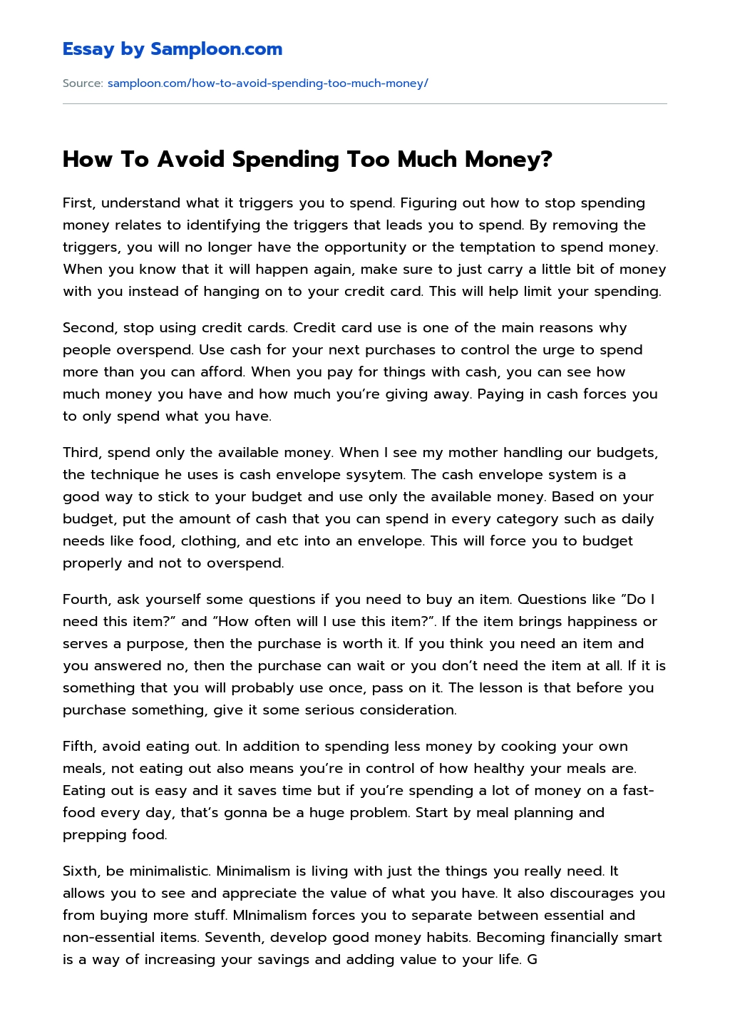 How To Avoid Spending Too Much Money? Personal Essay essay