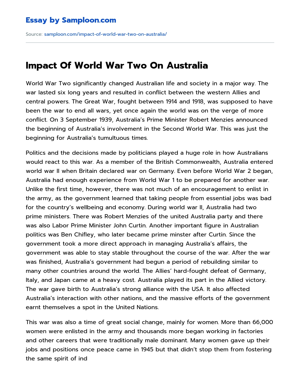 Impact Of World War Two On Australia essay