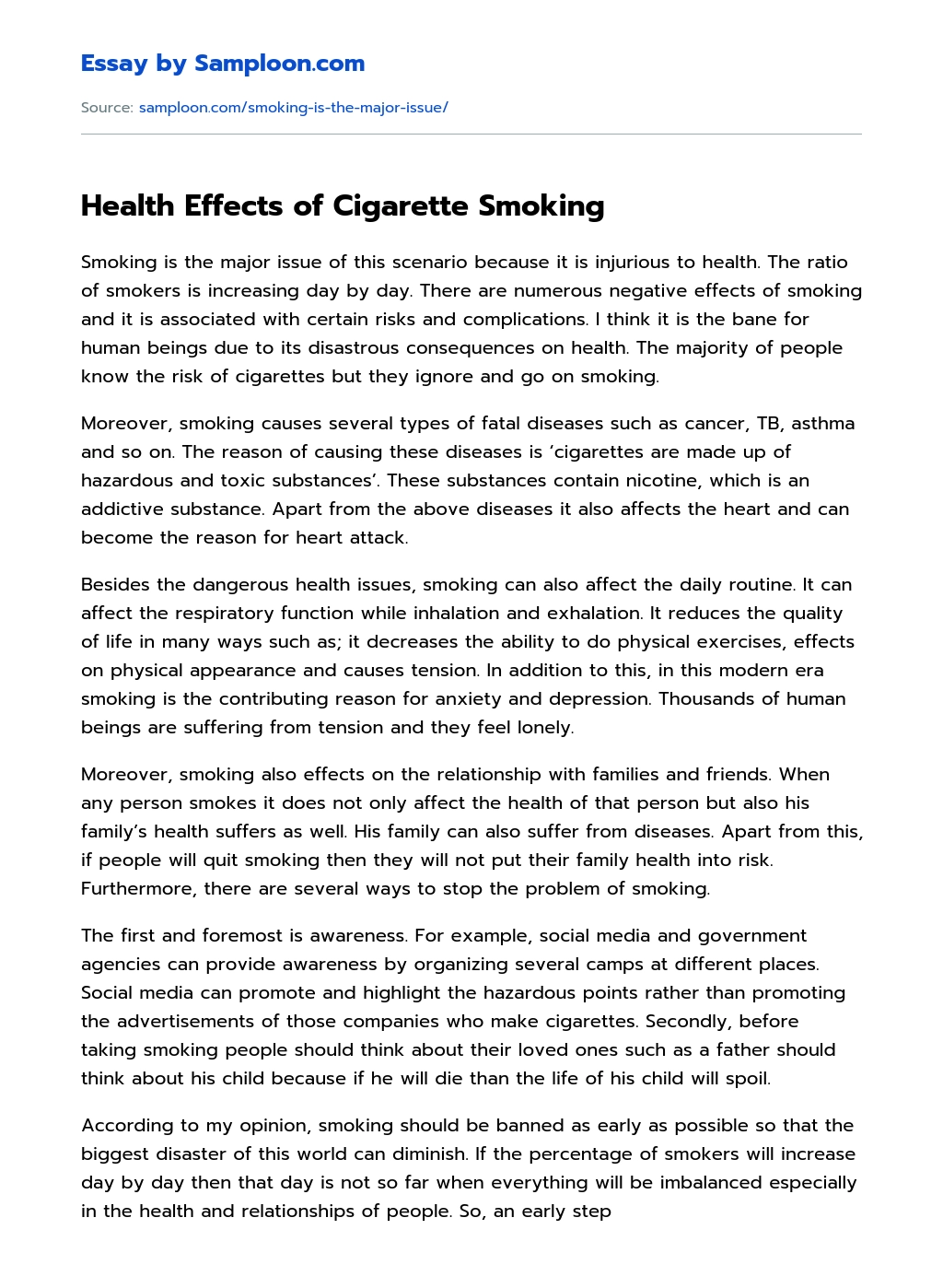  Health Effects Of Cigarette Smoking Free Essay Sample On Samploon