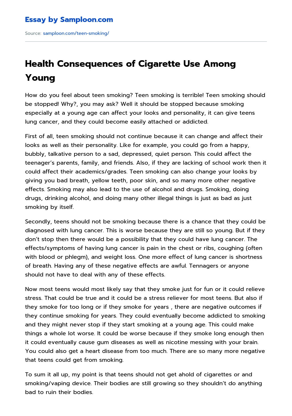 Health Consequences of Cigarette Use Among Young Argumentative Essay essay