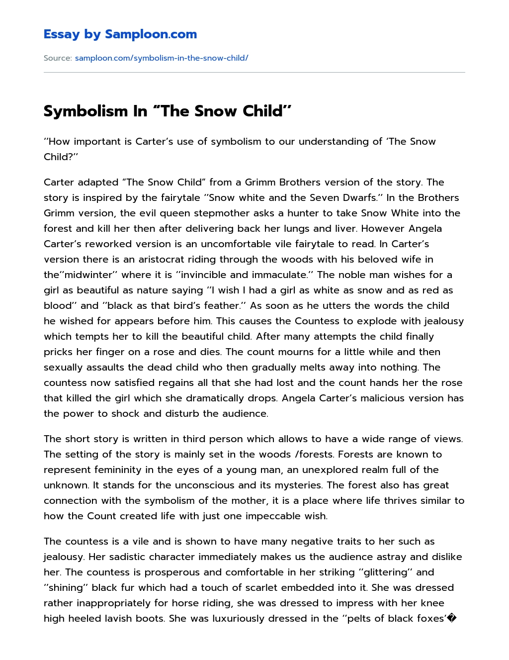 Symbolism In “The Snow Child’’ essay