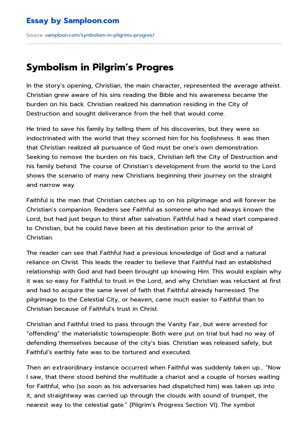Symbolism in Pilgrim’s Progres essay