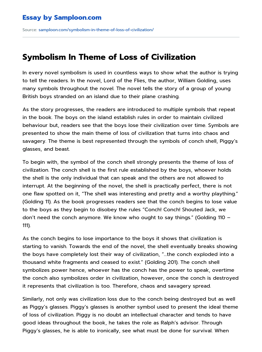 Symbolism In Theme of Loss of Civilization essay