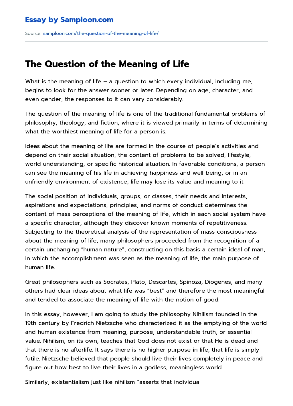 The Question of the Meaning of Life essay