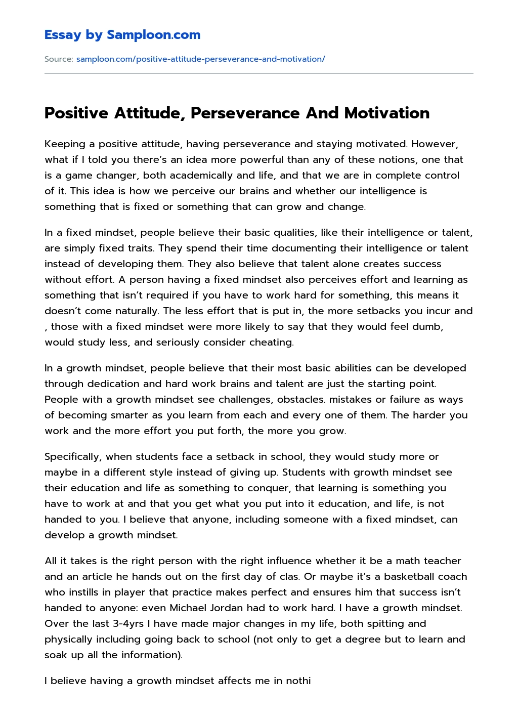 Positive Attitude, Perseverance And Motivation essay