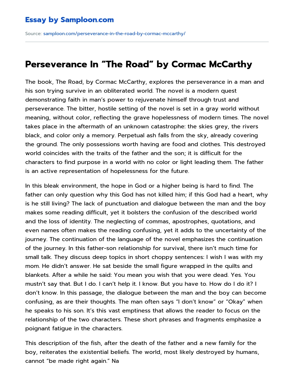 Perseverance In “The Road” by Cormac McCarthy Literary Analysis essay