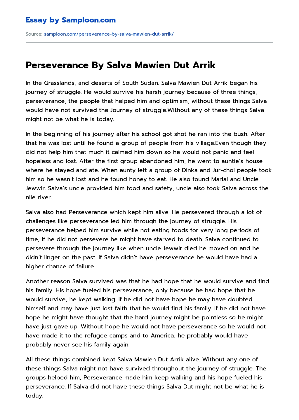 Perseverance By Salva Mawien Dut Arrik essay