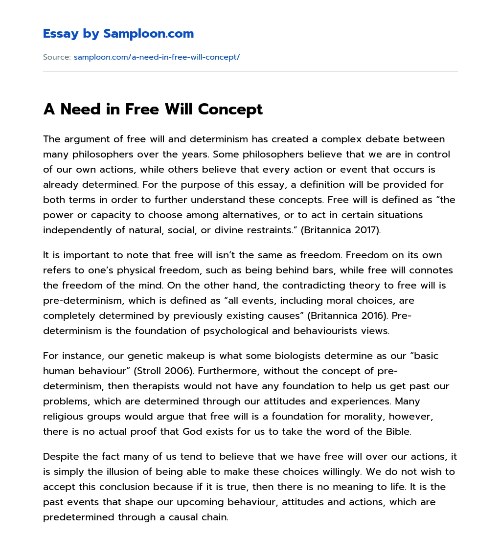 A Need in Free Will Concept essay