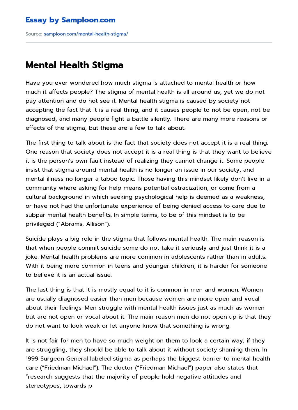 Mental Health Stigma essay