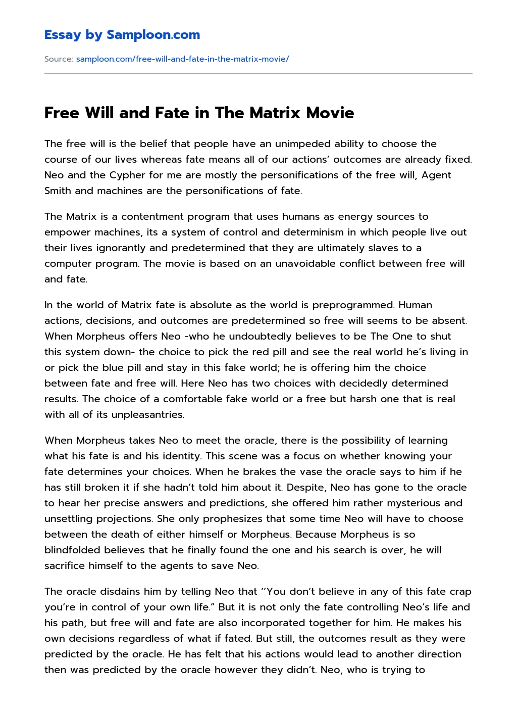 Free Will and Fate in The Matrix Movie Film Analysis essay