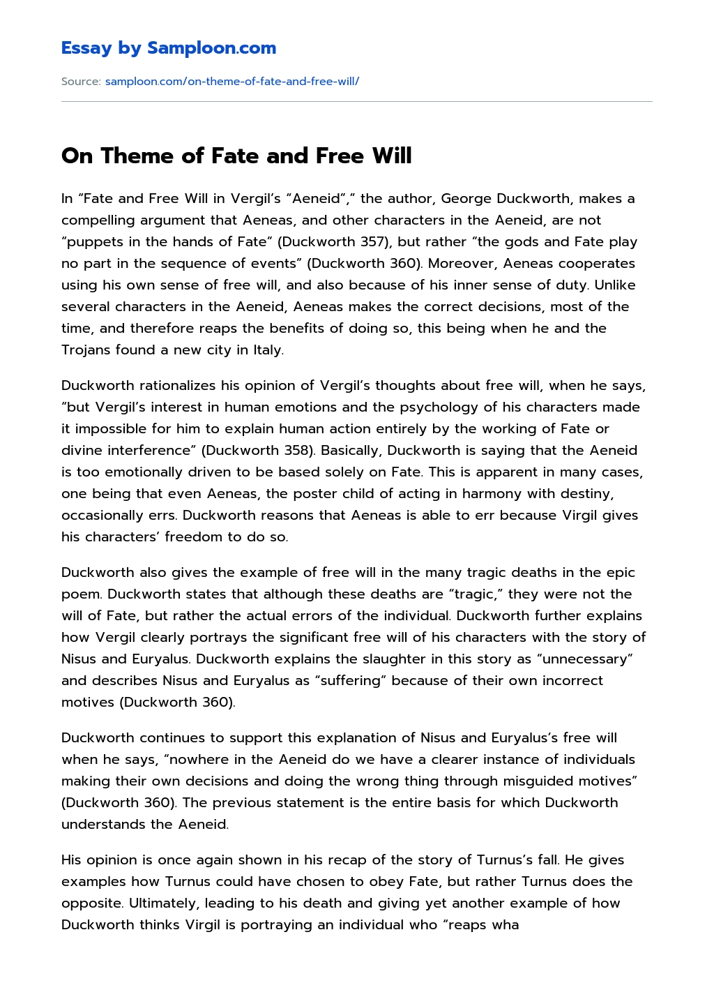 On Theme of Fate and Free Will essay