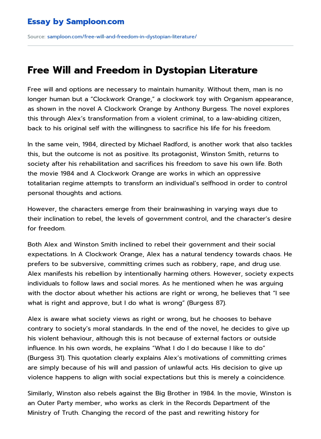 Free Will and Freedom in Dystopian Literature essay