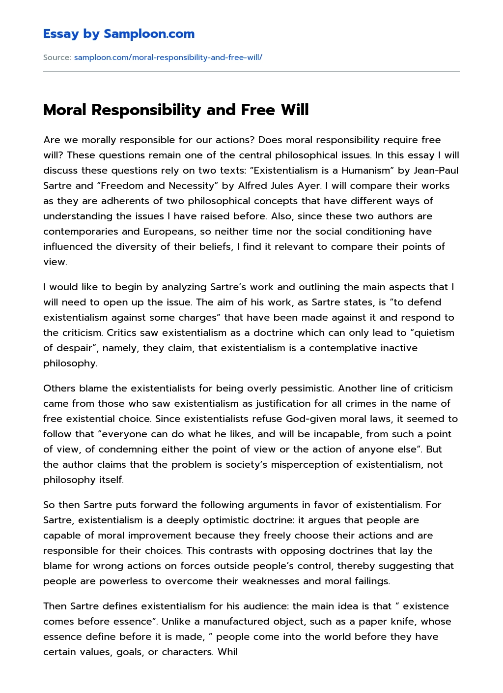 Moral Responsibility and Free Will essay