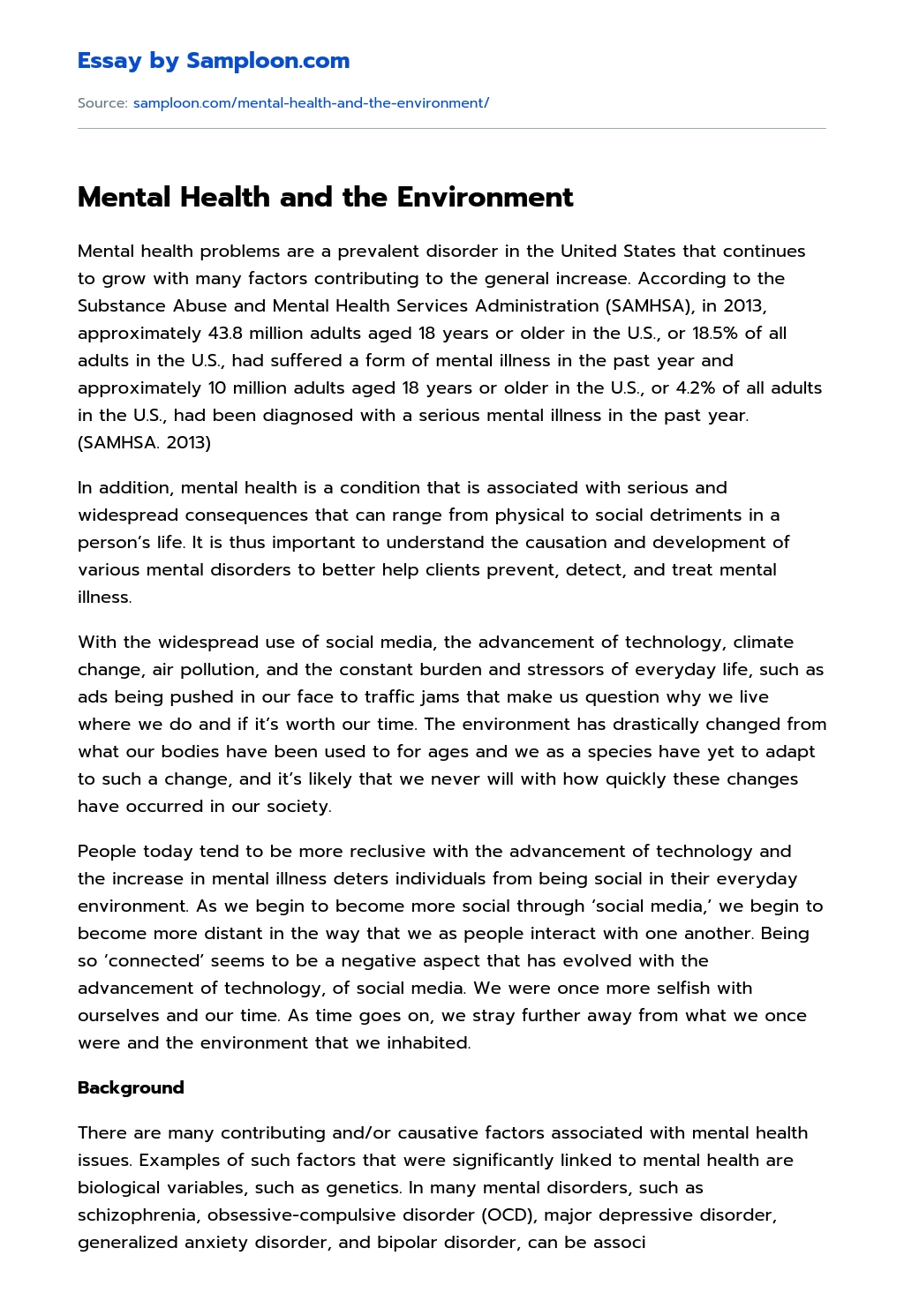 Mental Health and the Environment essay