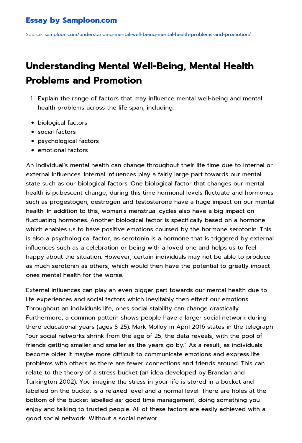 Understanding Mental Well-Being, Mental Health Problems and Promotion essay