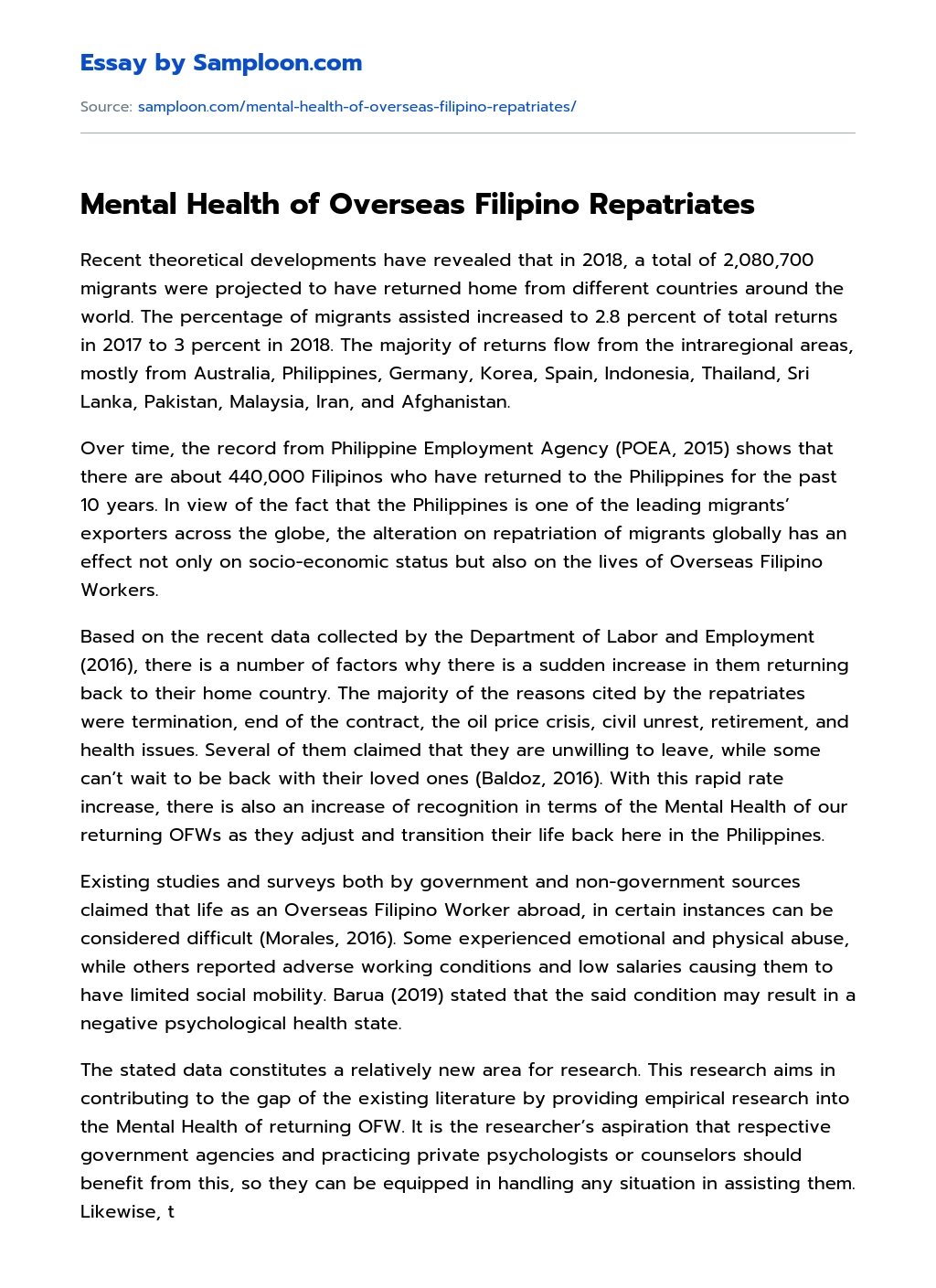 Mental Health of Overseas Filipino Repatriates essay