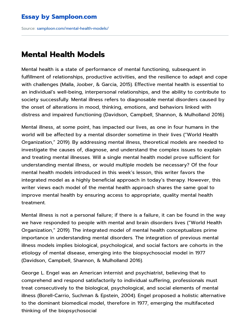 Mental Health Models essay