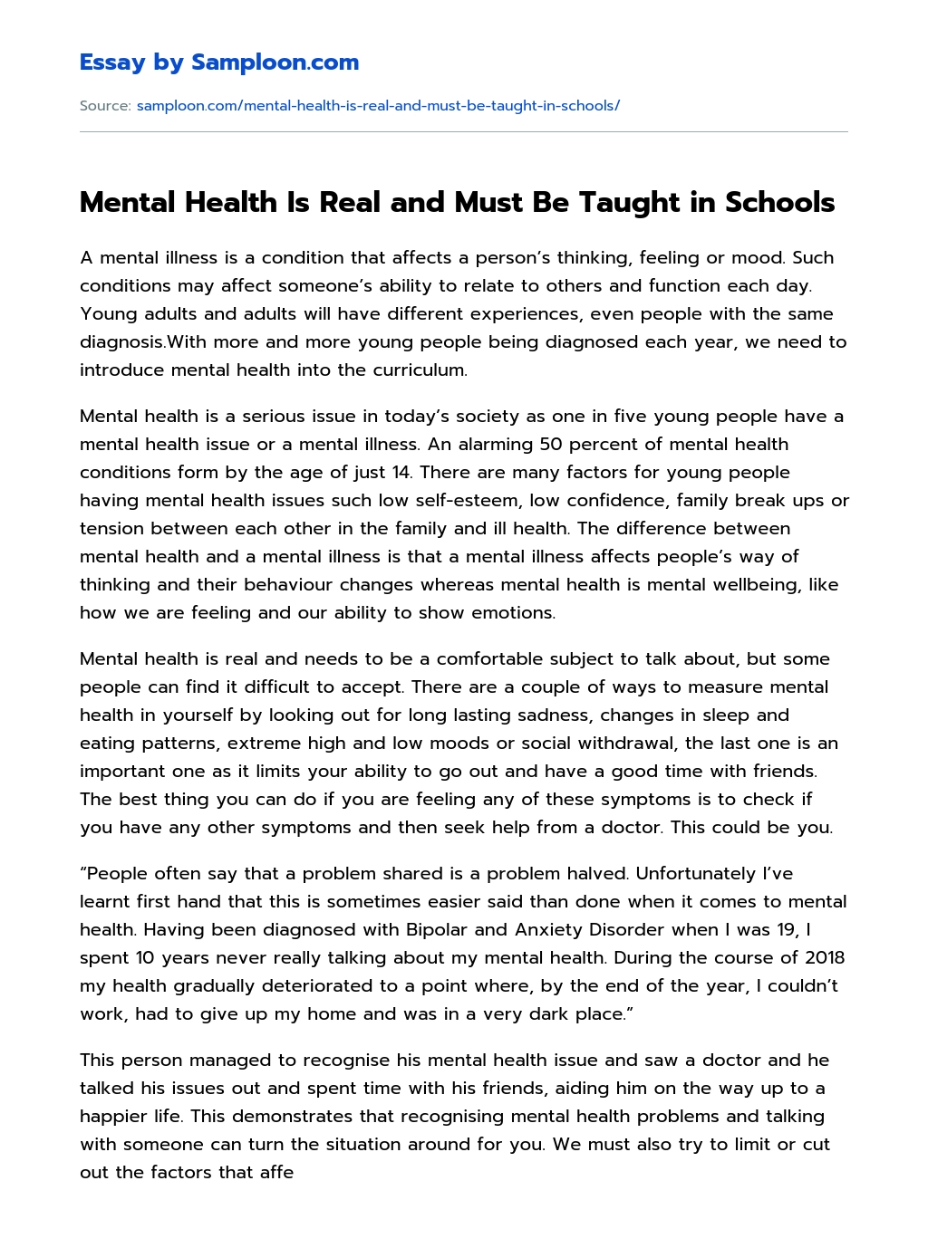 Mental Health Is Real and Must Be Taught in Schools essay