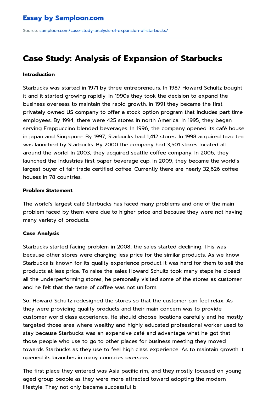 Case Study: Analysis of Expansion of Starbucks essay