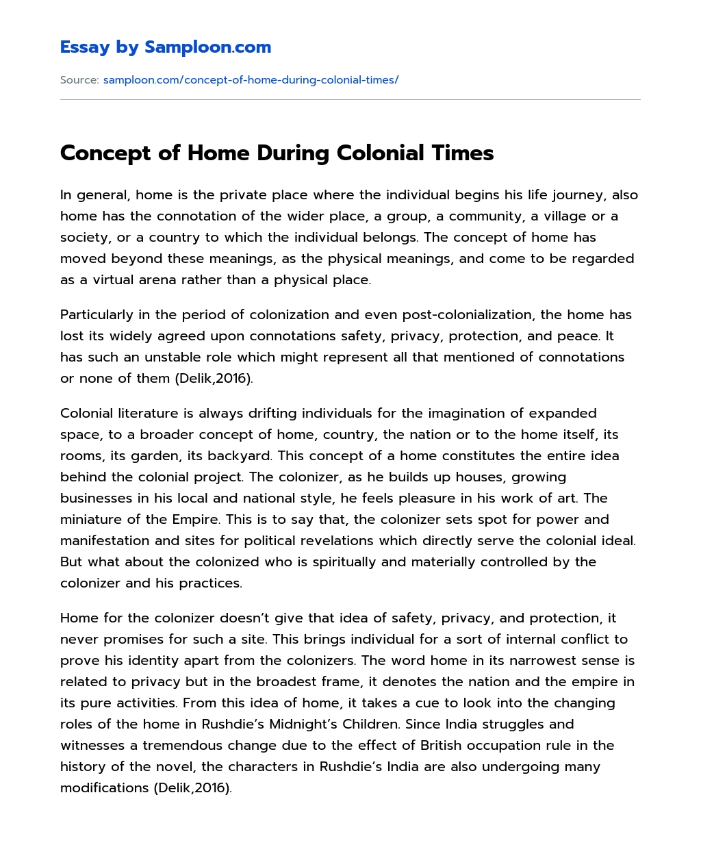 Concept of Home During Colonial Times essay