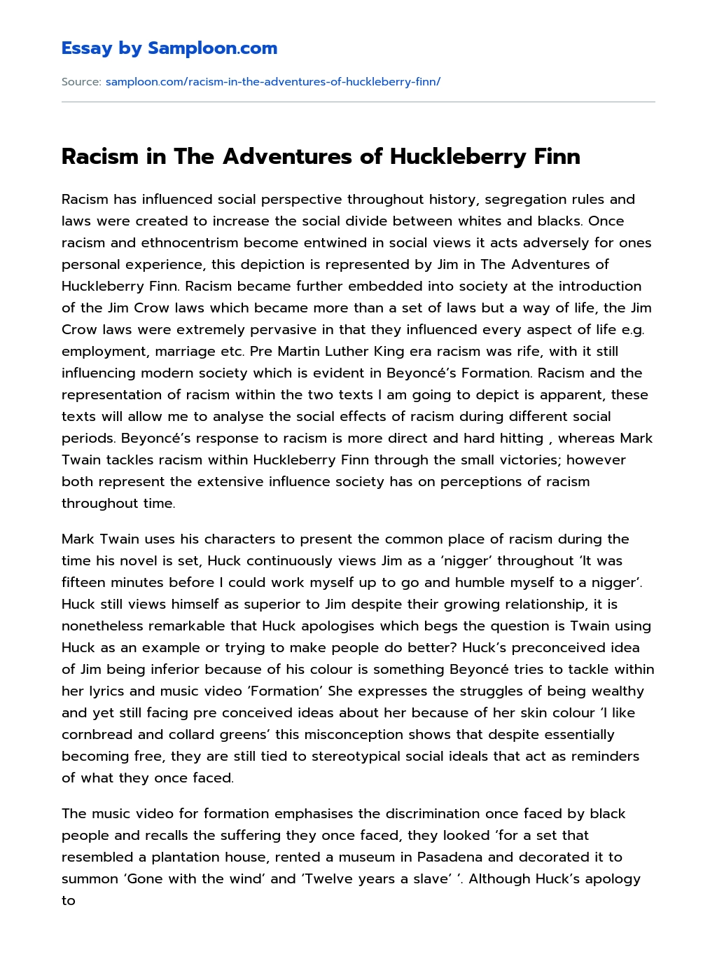 Racism in The Adventures of Huckleberry Finn Summary essay