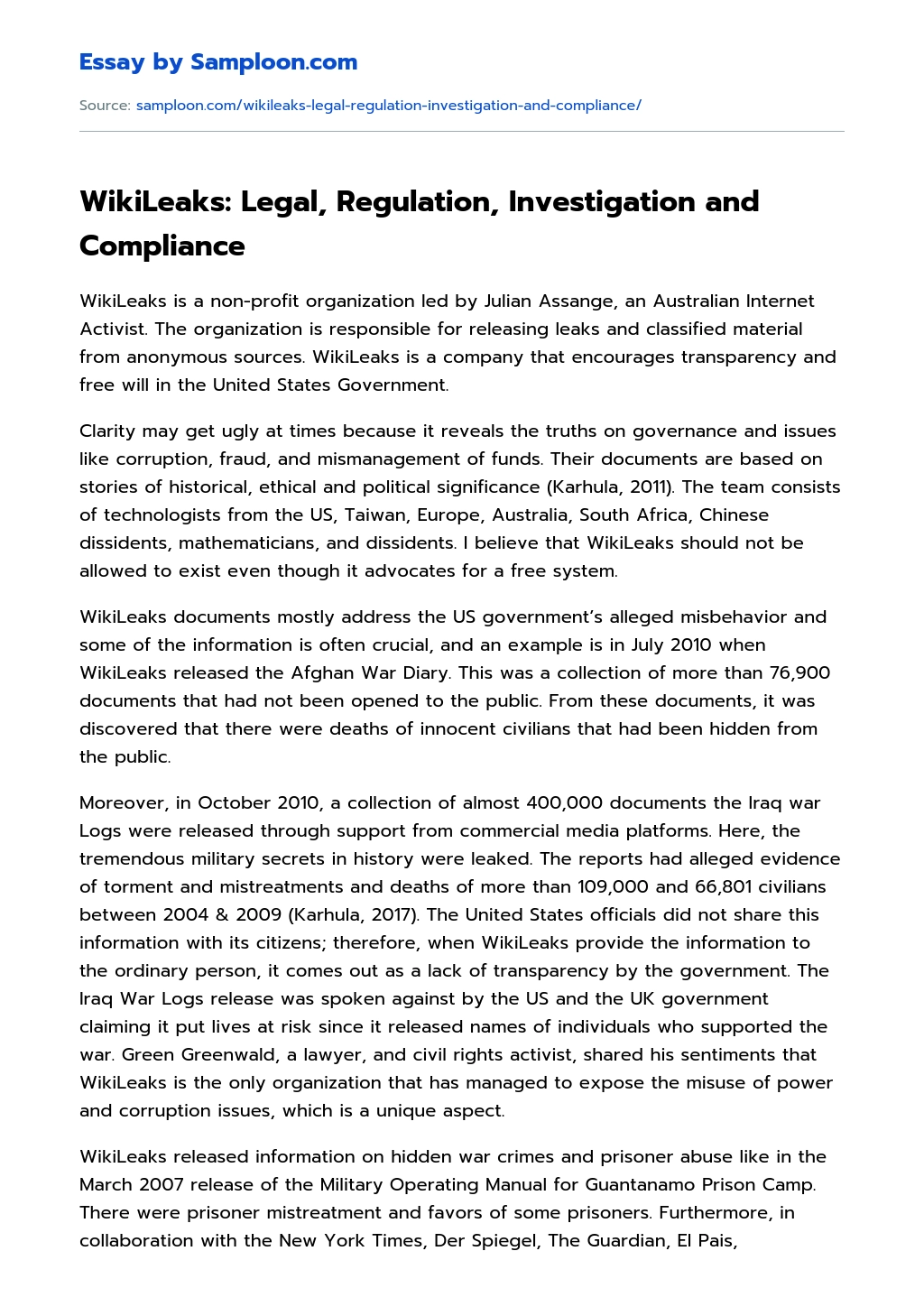 WikiLeaks: Legal, Regulation, Investigation and Compliance essay