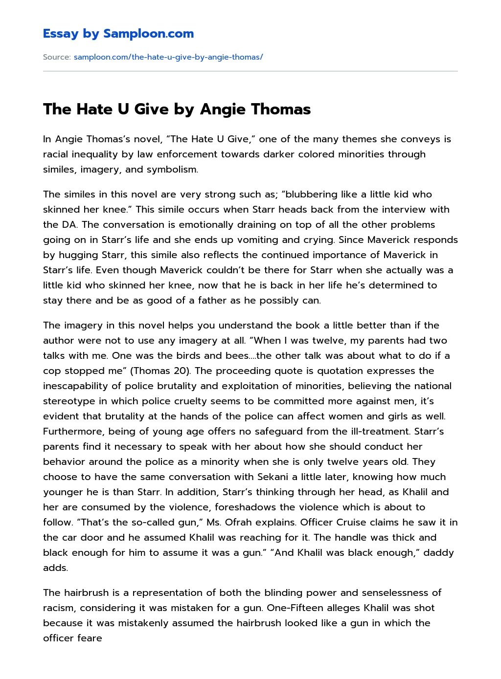 The Hate U Give by Angie Thomas Argumentative Essay essay