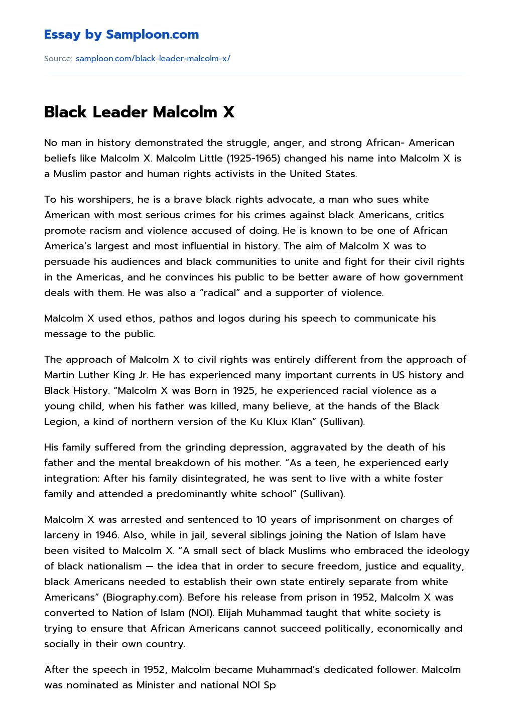 Black Leader Malcolm X Personal Essay essay