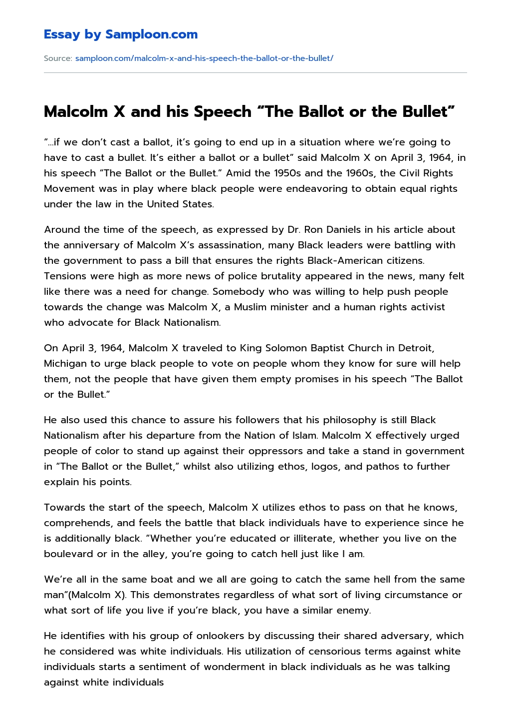 Malcolm X and his Speech “The Ballot or the Bullet” essay