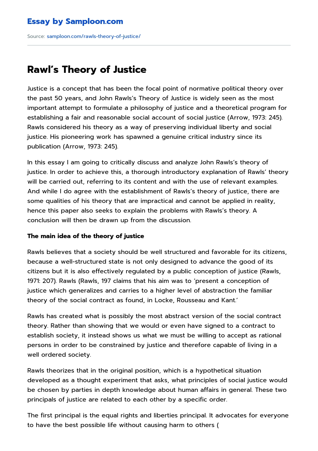 Rawl’s Theory of Justice Summary essay