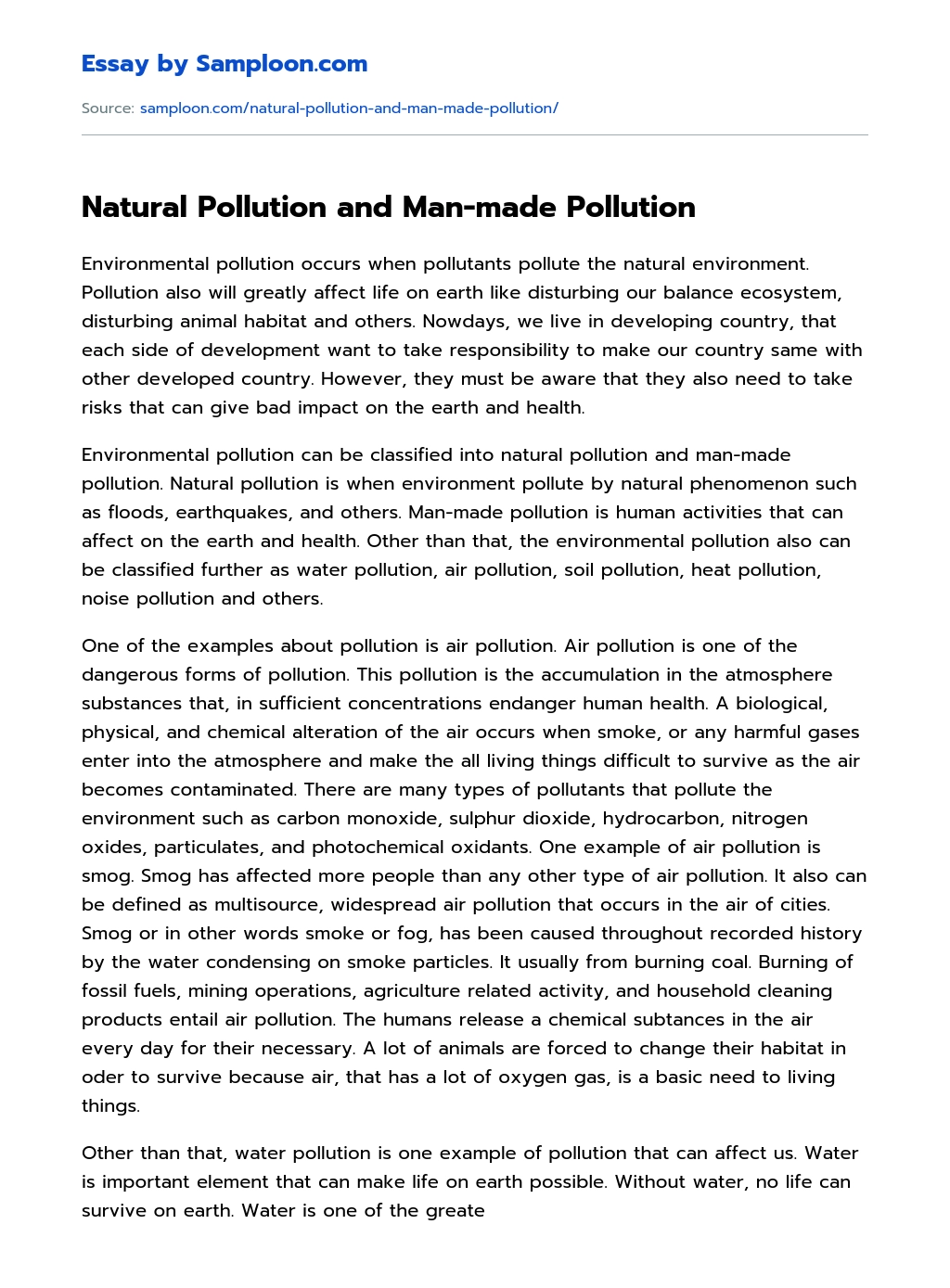 Natural Pollution and Man-made Pollution Argumentative Essay essay